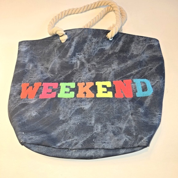 Handbags - Large Tote Beach Bag Blue Denim Tie Dye with Rope Handles and Fuzzy WEEKEND